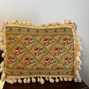 Vintage 100% Wool Embroidery Pillow 16X12" Floral Roses - Feather & Down Filled
